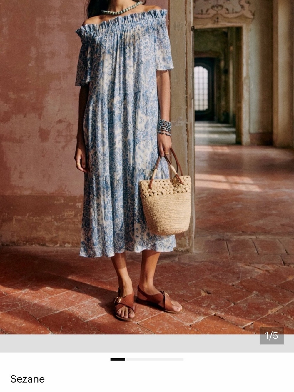 Sezane Light Blue Floral Off-the-Shoulder Midi Dress - Picture 2 of 13